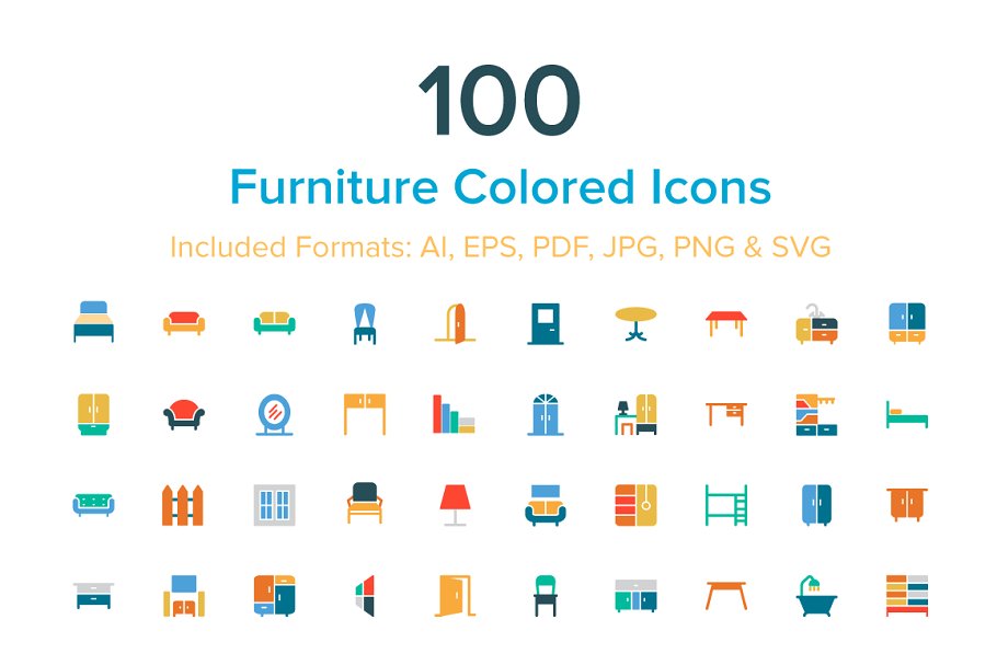 100枚家具家饰主题彩色图标 100 Furniture Colored Icons插图