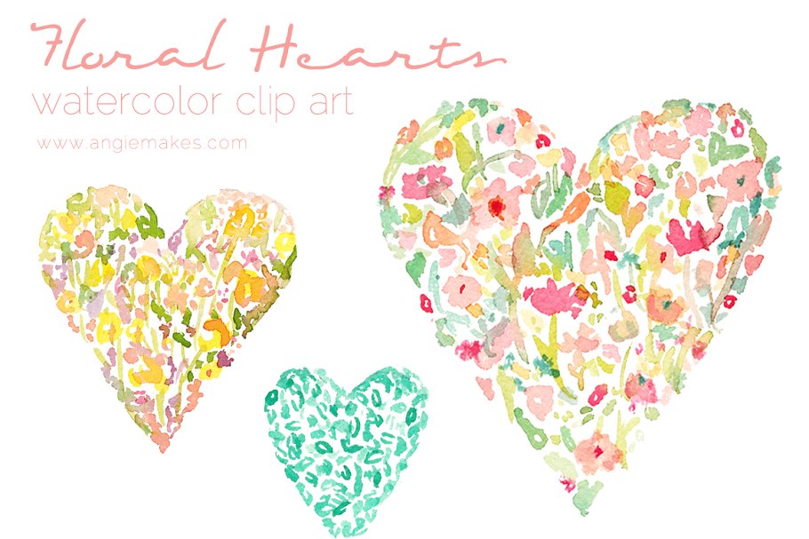 水彩花卉心形图形图案 Watercolor Floral Hearts插图