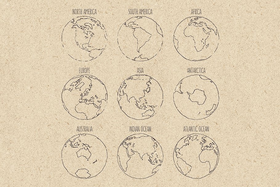 地球七大洲四大洋素描图形 Sketches of the globe插图2