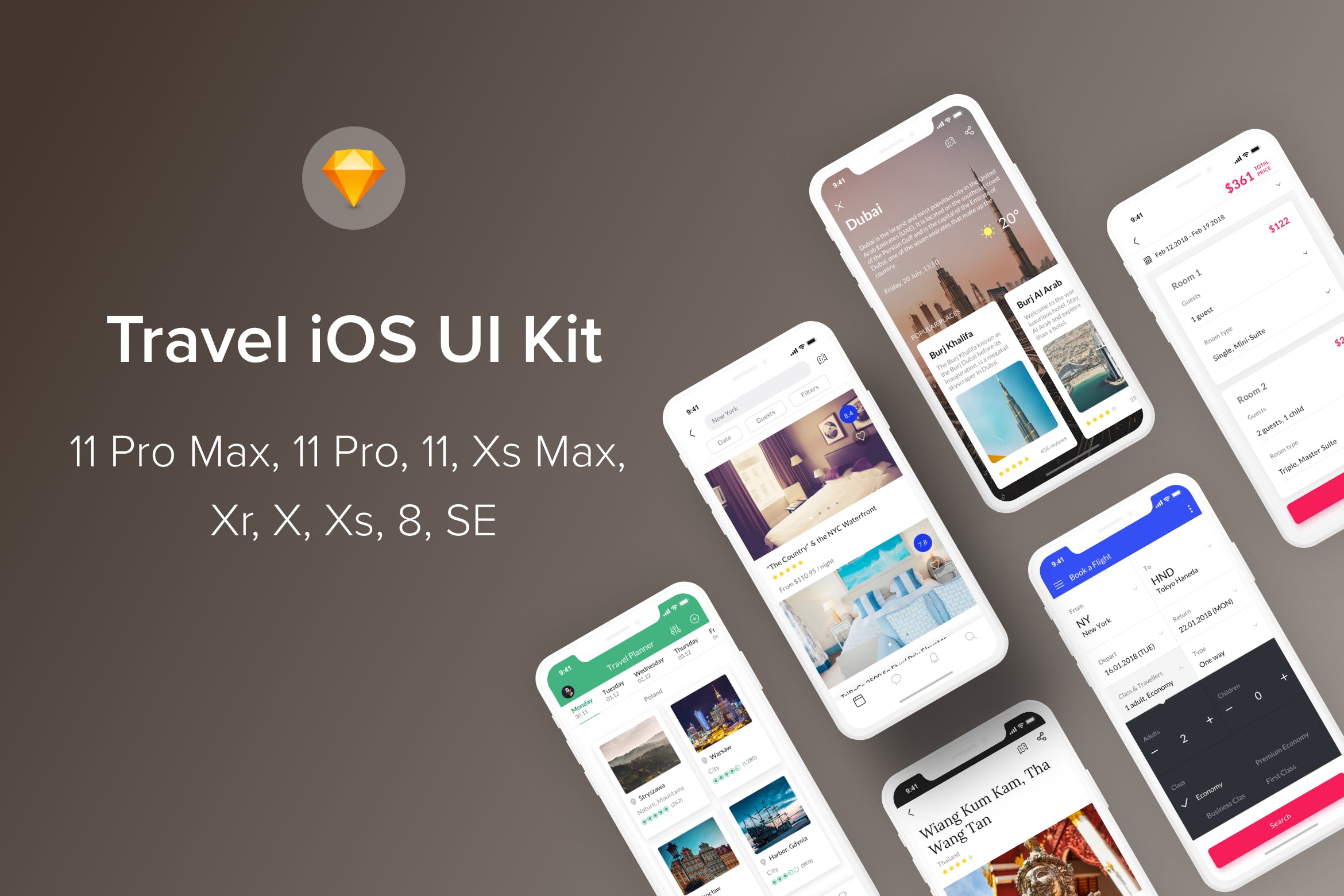 iOS平台旅游社交APP应用UI设计SKETCH模板 Travel iOS UI Kit (Sketch)插图