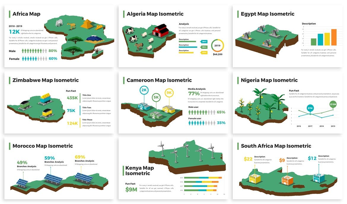 美洲国家/地区地图PPT幻灯片设计素材 Africa Maps Isometric & Legends For Powerpoint插图(1)