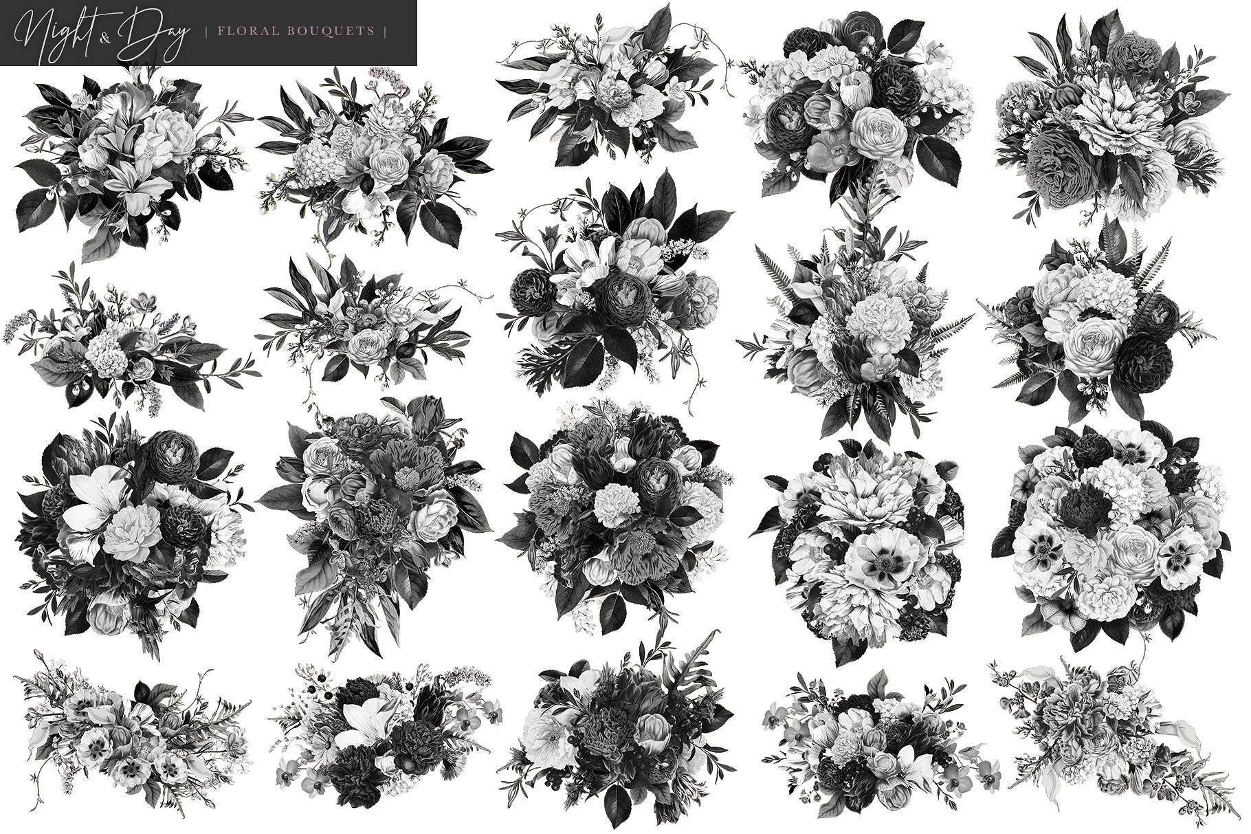 繁花似锦复古花卉插画素材[昼夜和白日两个版本] Night and Day Floral Bouquets插图7