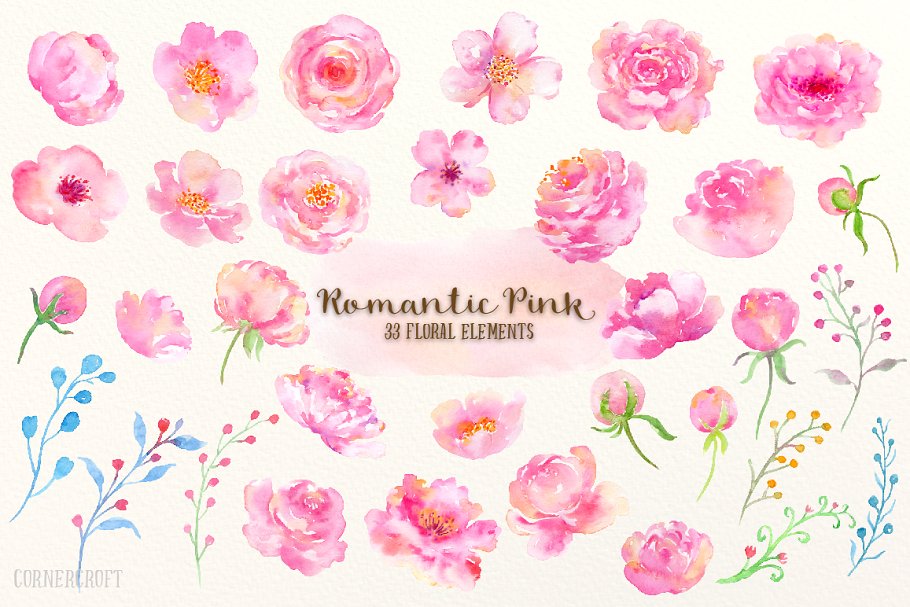 浪漫粉色水彩设计套装 Design Kit Romantic Pink Watercolor插图(2)