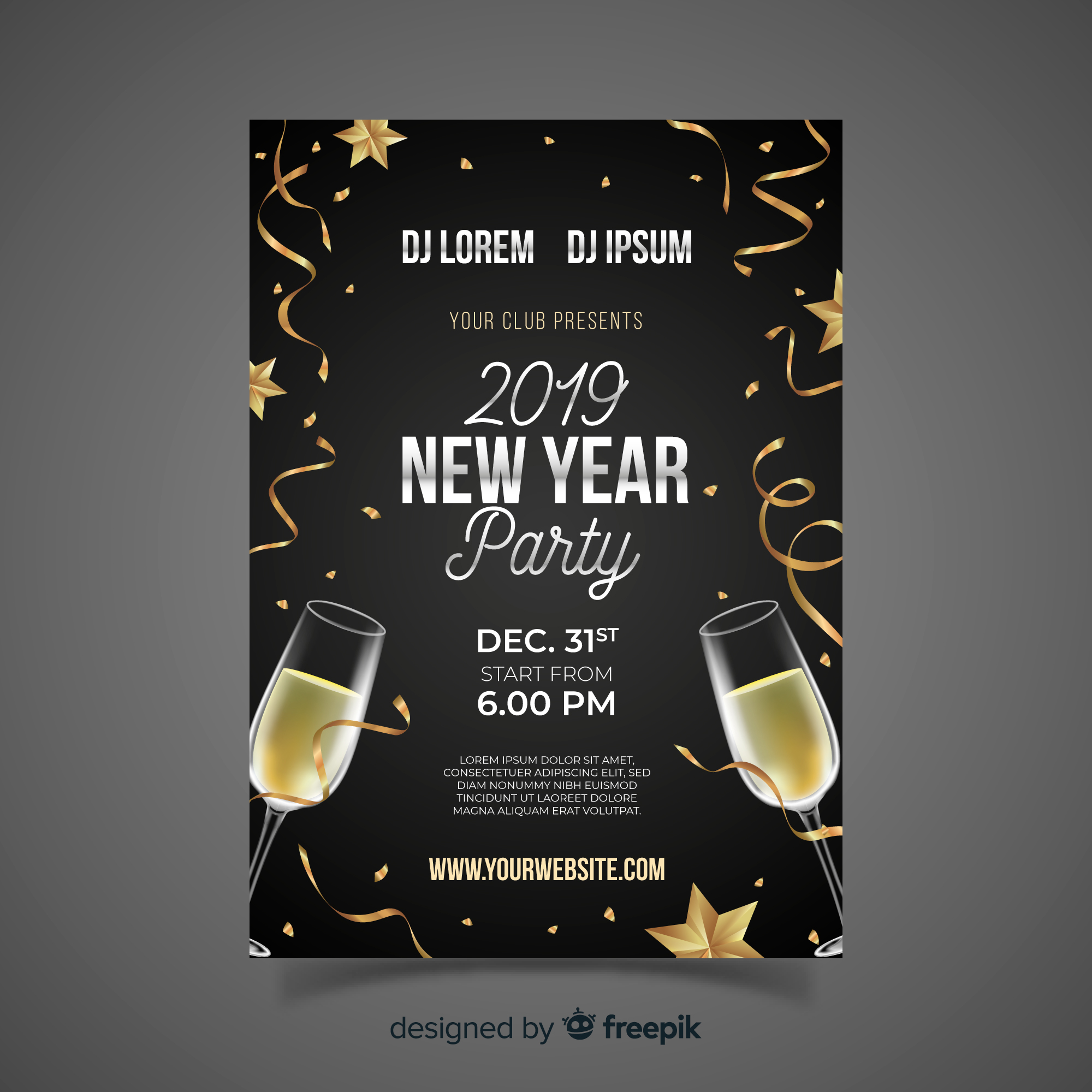 时尚高端优雅的房地产香槟彩带庆祝party新年元旦圣诞节海报宣传单DM设计模板插图