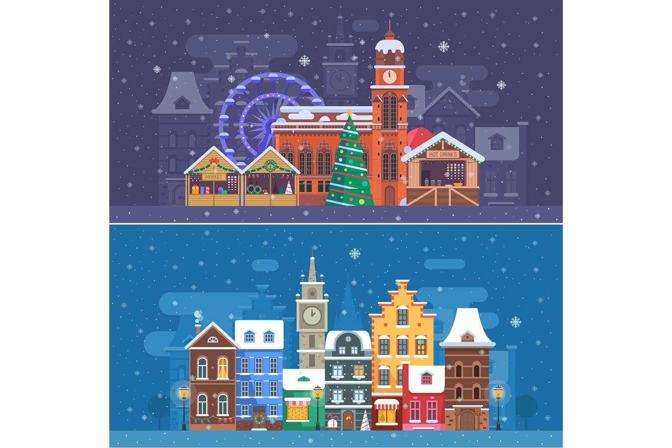 圣诞节主题雪城场景矢量插画素材 Snow City and Winter Festival Banners插图