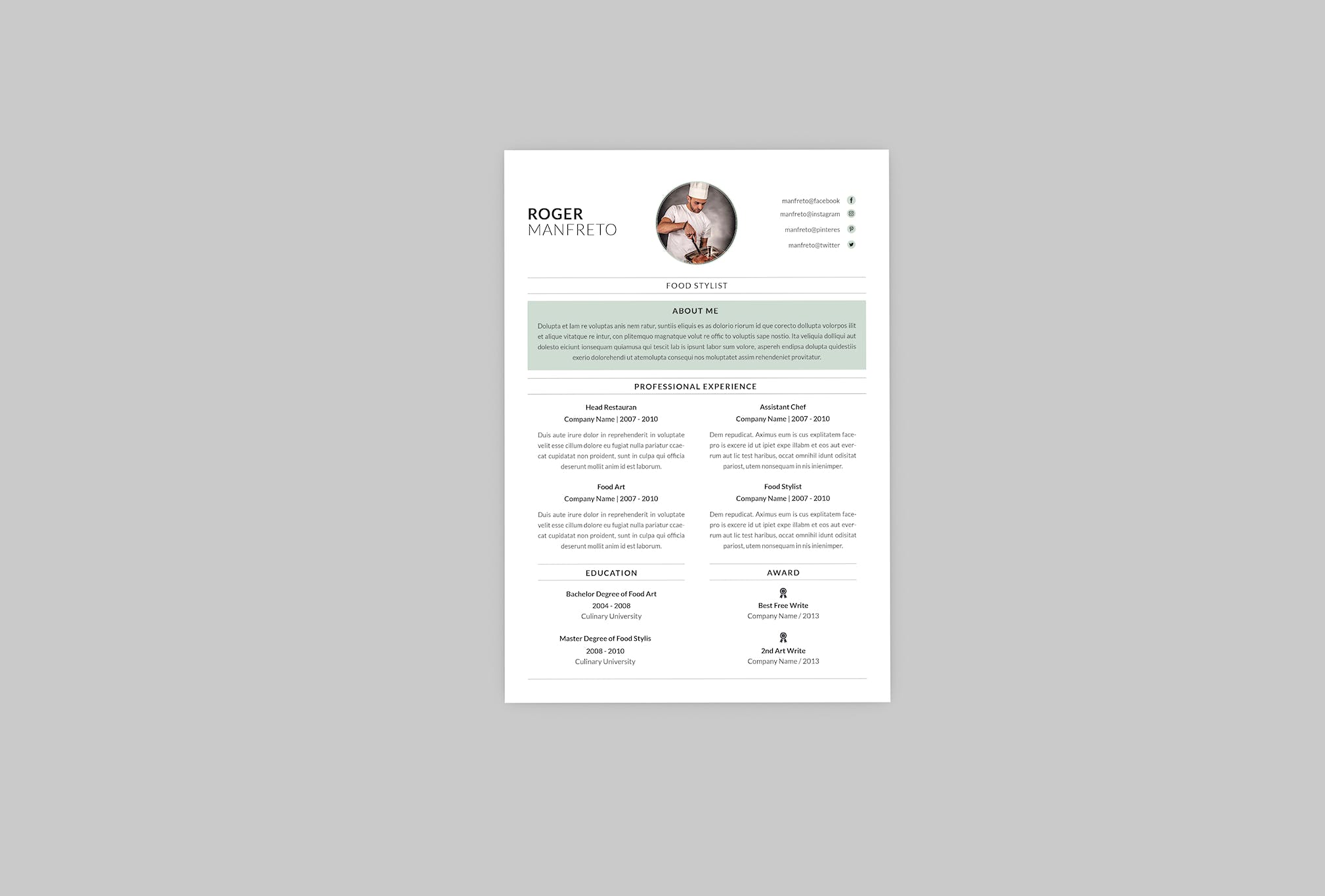 餐饮厨师个人简历模板下载 Food Stylist Resume Designer插图(2)