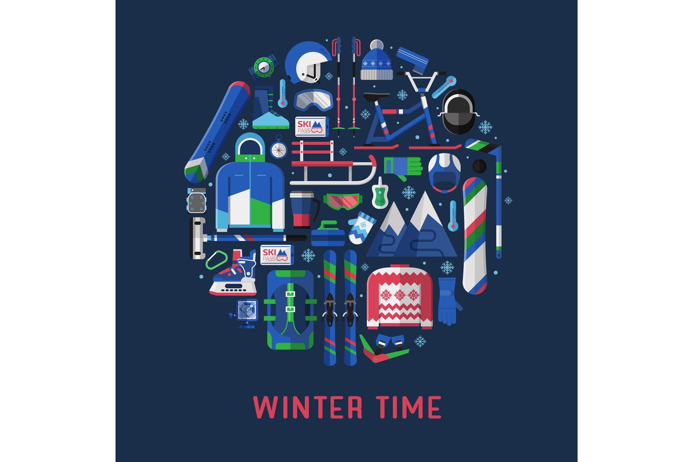 冬季运动主题扁平设计风格圆形矢量插画第一素材精选 Winter Time Card with Circle Print插图