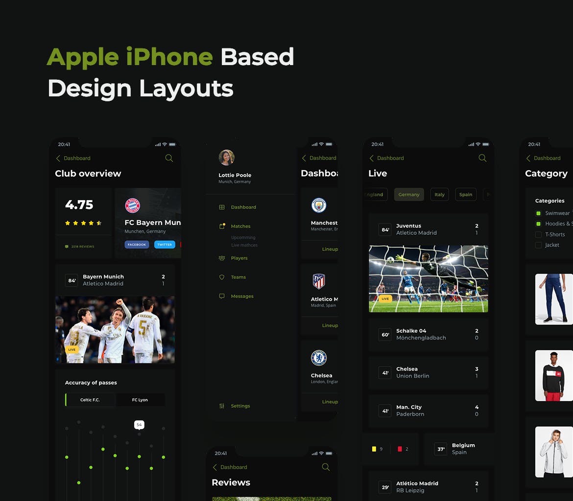 足球赛事APP应用UI设计蚂蚁素材精选套件[黑暗模式版本] Soccer mobile app – Dark UI插图(6)