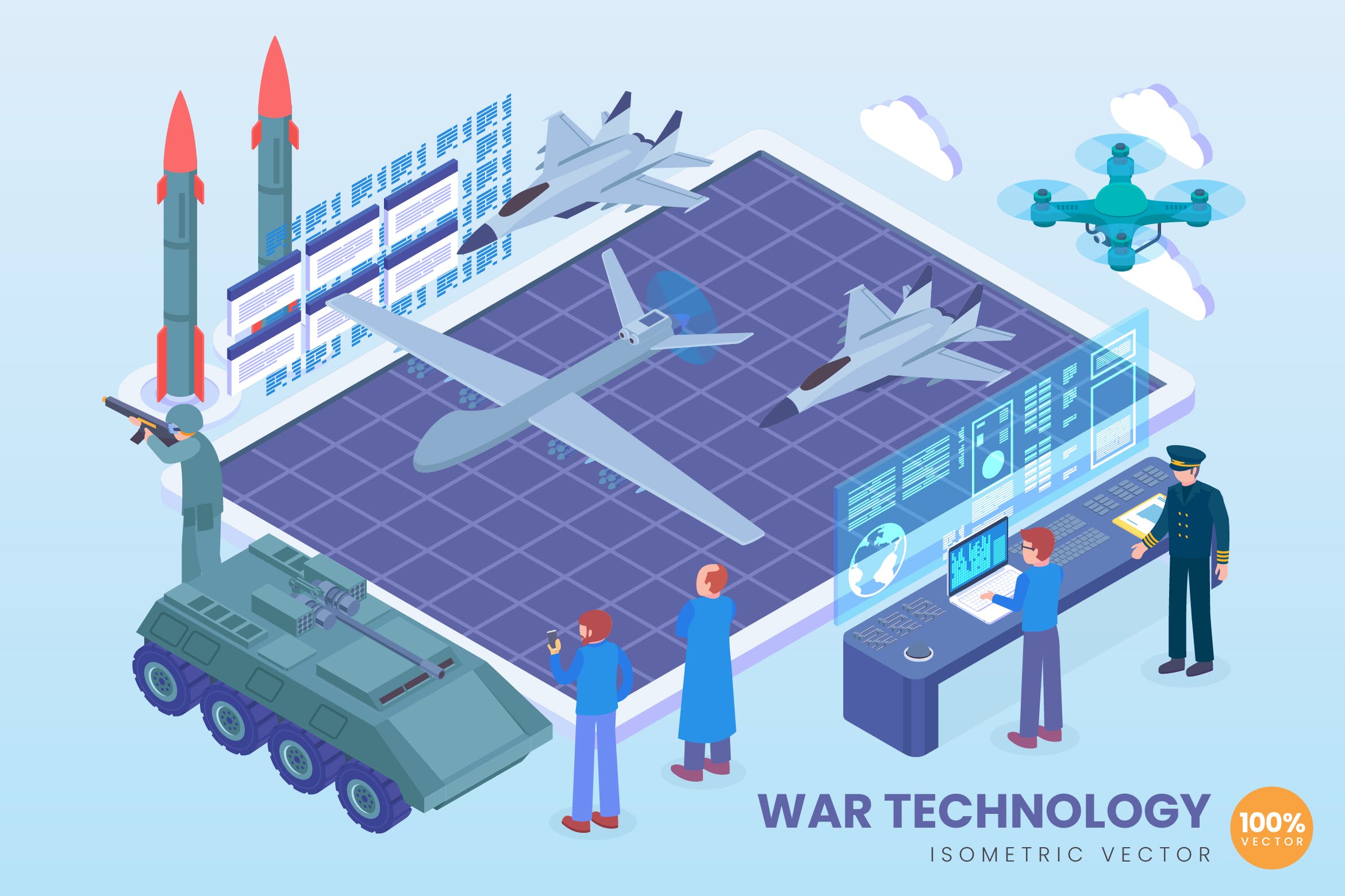 现代作战技术等距矢量大洋岛精选科技概念插画 Isometric War Technology Vector Concept插图