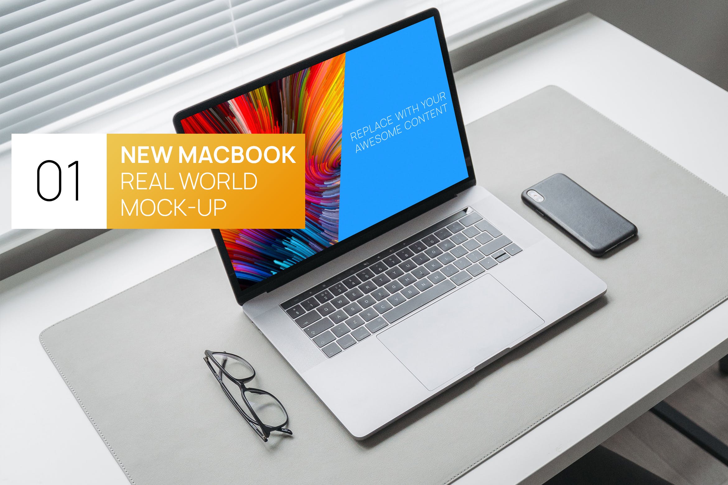极简主义办公桌15寸MacBook笔记本电脑第一素材精选样机 Minimalistic MacBook 15 Touchbar Real World Mockup插图