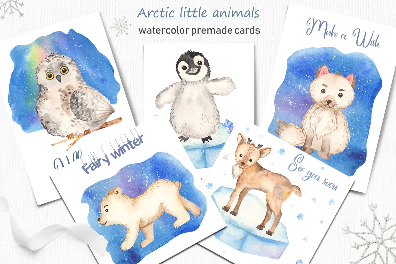 北极小动物水彩手绘剪贴画＆卡片素材 Watercolor Arctic little animals Clipart cards插图5