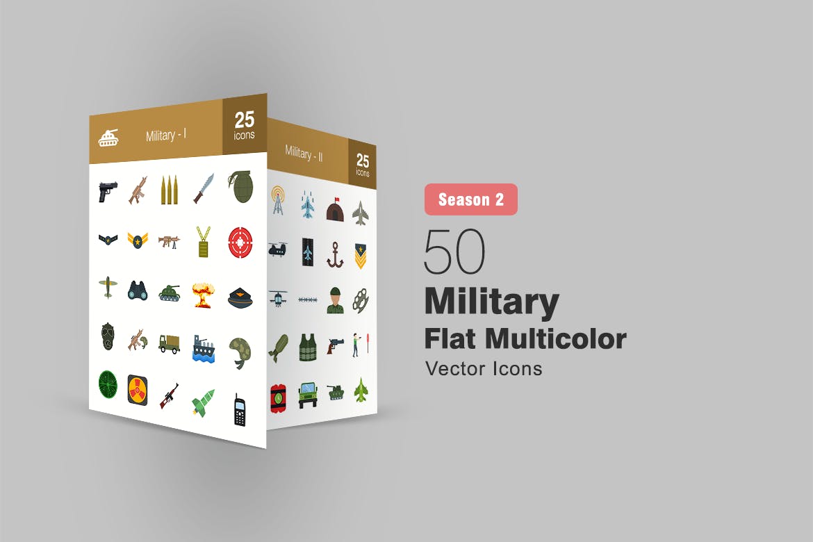 50枚军队装备主题扁平化多彩矢量大洋岛精选图标 II 50 Military Flat Multicolor Icons Season II插图