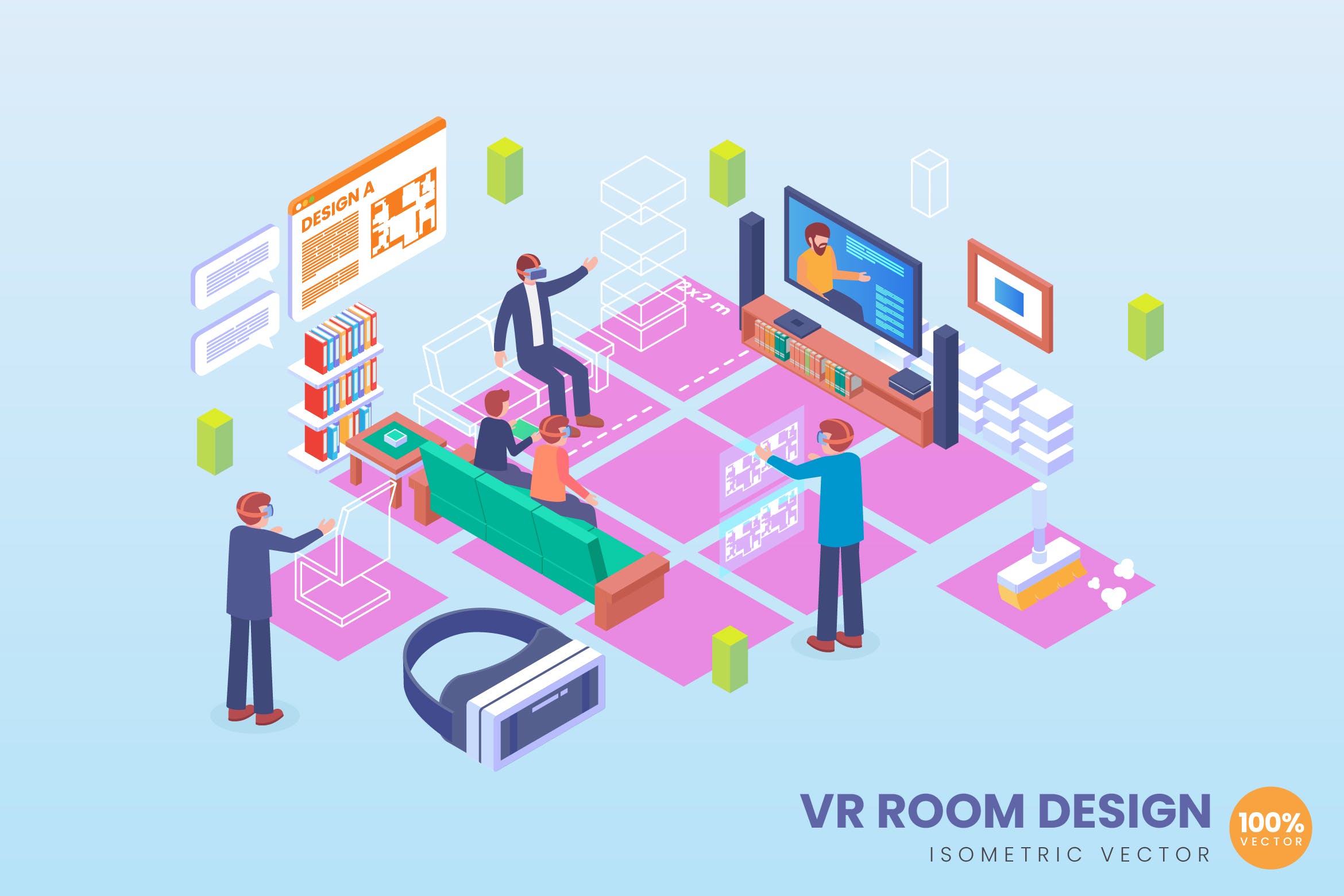 VR虚拟现实房间设计等距矢量科技第一素材精选概念插画v2 Isometric VR Room Design Vector Concept 2插图