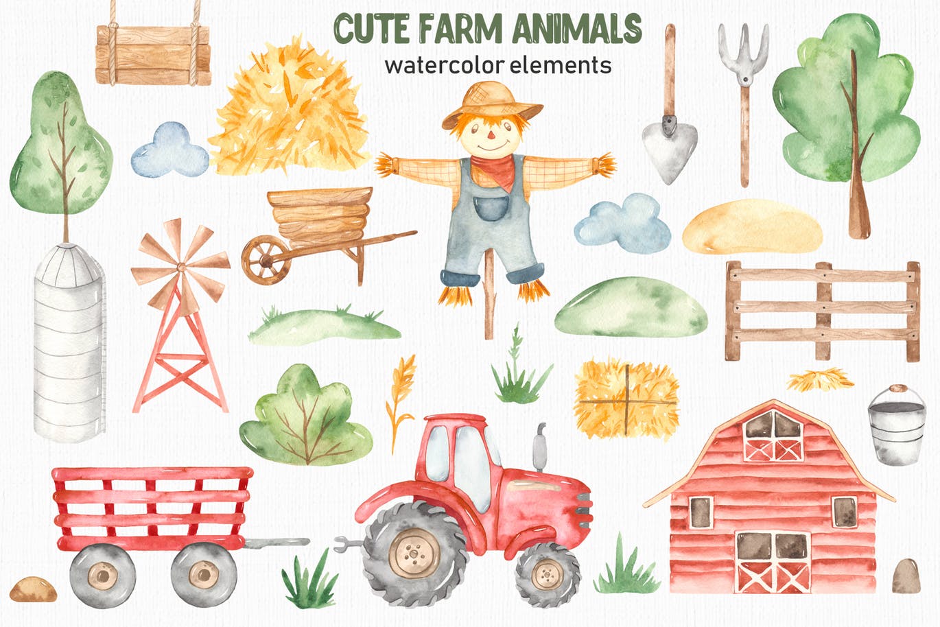 可爱农场动物水彩剪贴画素材包 Watercolor cute farm animals. Collection clipart插图(1)