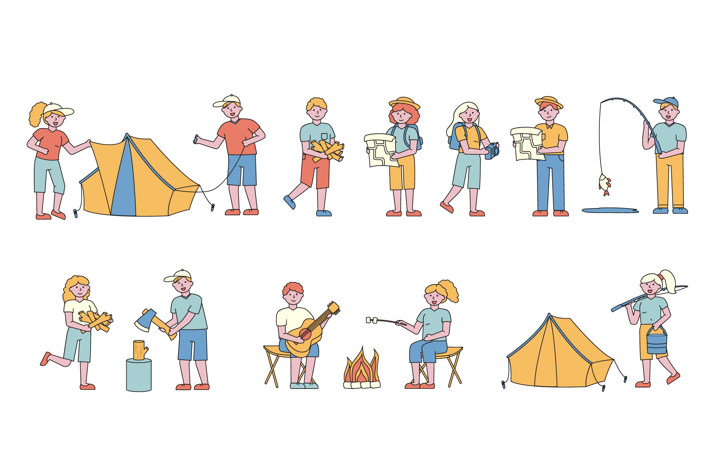 野营户外运动主题人物形象线条艺术矢量插画大洋岛精选素材 Campers Lineart People Character Collection插图