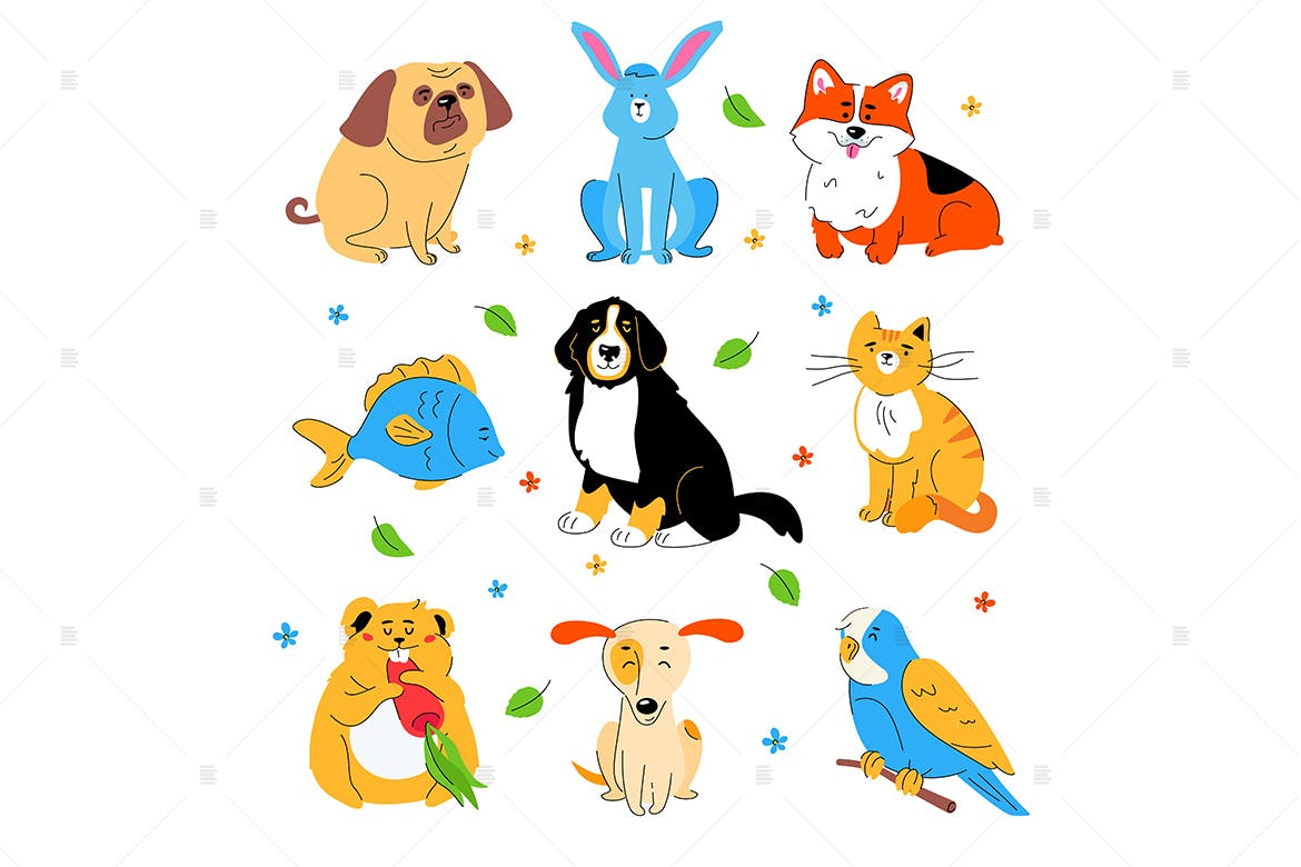 可爱卡通动物扁平设计风格矢量插画第一素材精选 Cute pets – flat design style set of characters插图