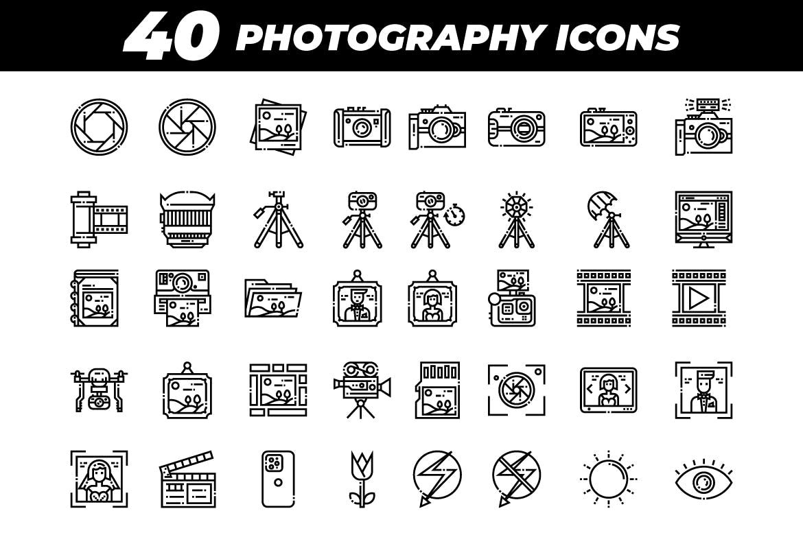 40枚摄像摄影主题矢量线性第一素材精选图标 40 Photography Icons插图(1)