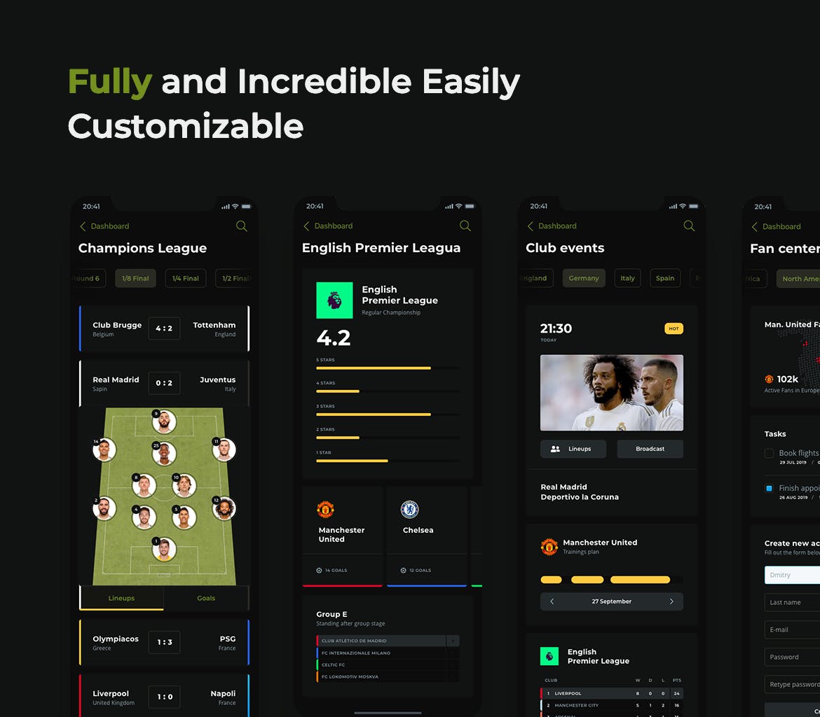 足球赛事APP应用UI设计蚂蚁素材精选套件[黑暗模式版本] Soccer mobile app – Dark UI插图(4)