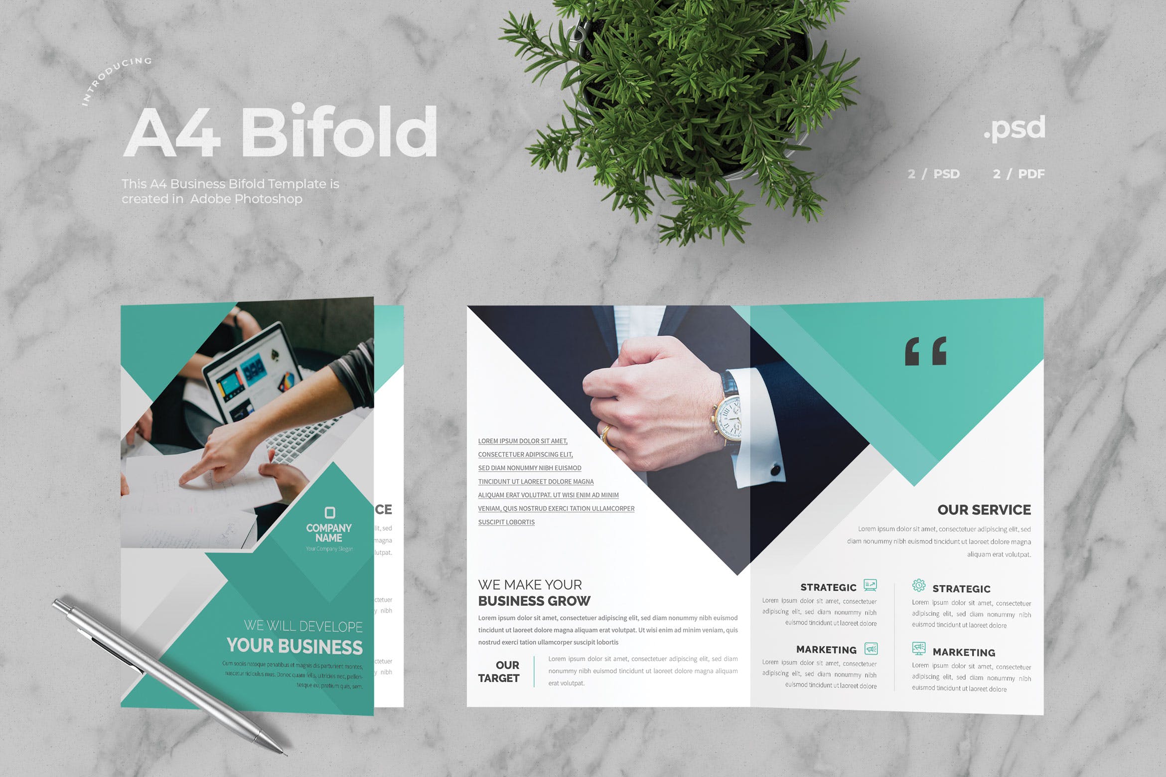市场调研公司介绍对折页宣传册设计模板v4 Business Bifold Brochure插图