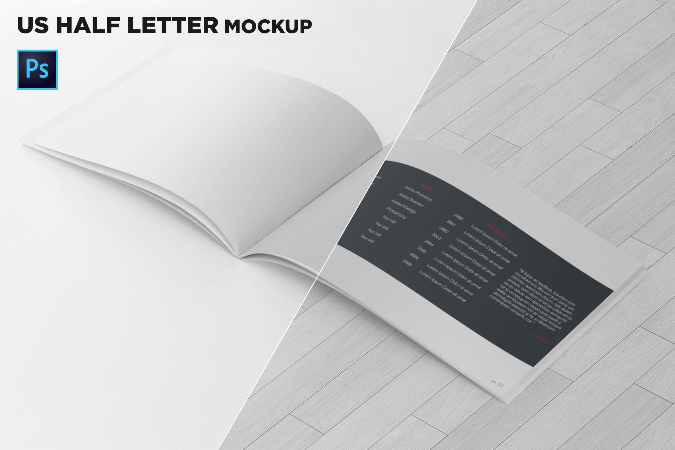 美国信纸规格宣传册内页透视图样机第一素材精选 US Half Letter Brochure Mockup Perspective View插图