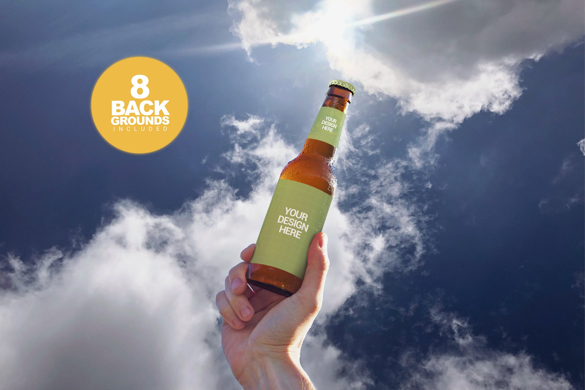 天空背景啤酒瓶外观设计图第一素材精选 Sky Backgrounds Beer Mockup插图