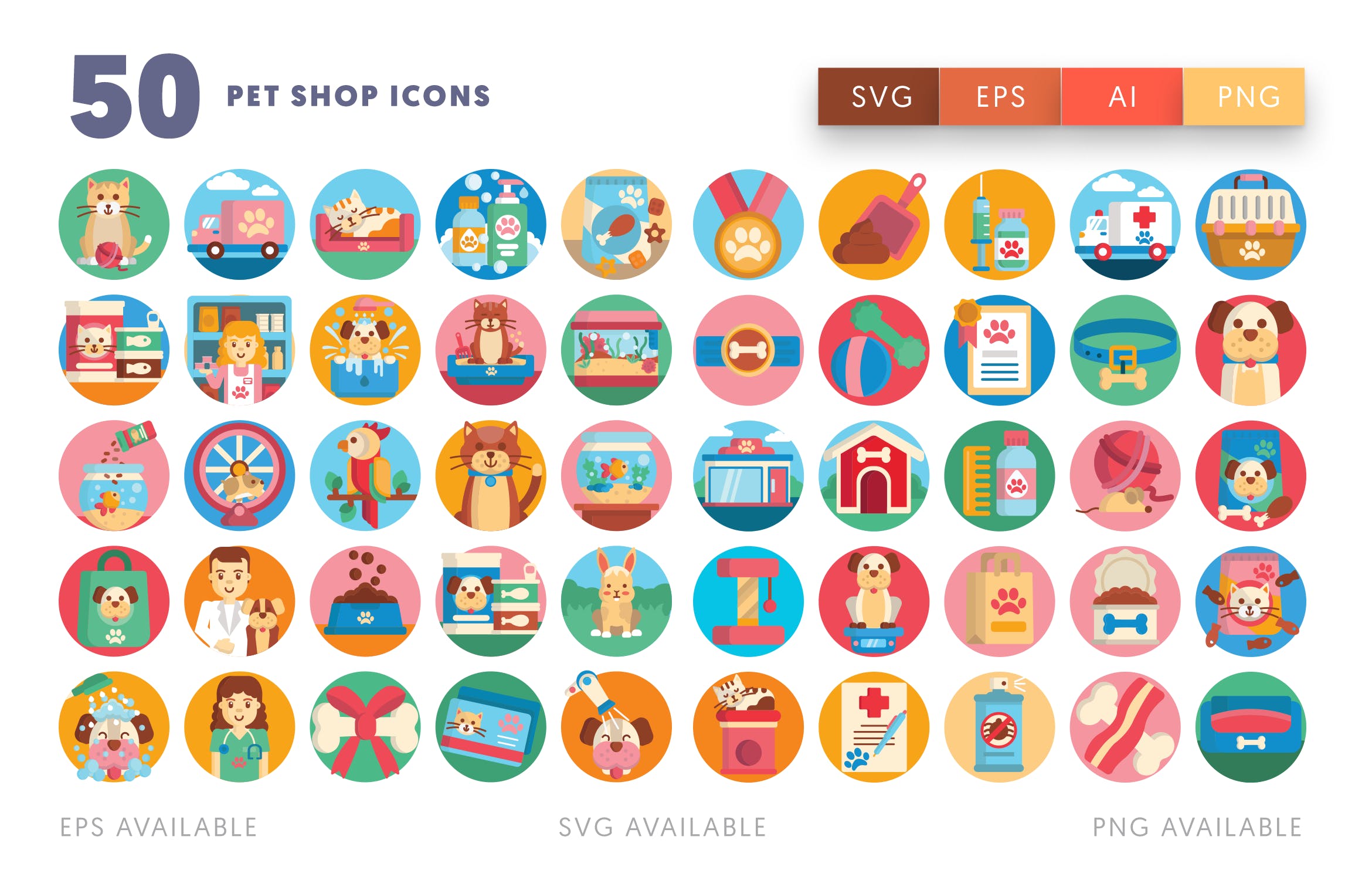 50枚宠物主题矢量圆形第一素材精选图标 Pet Shop Icons插图(1)