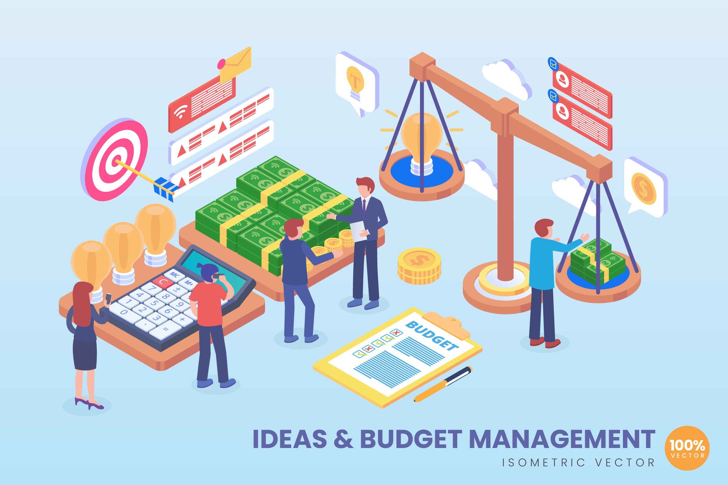创意与预算管理主题等距矢量第一素材精选概念插画素材 Isometric Ideas And Budget Management Vector插图