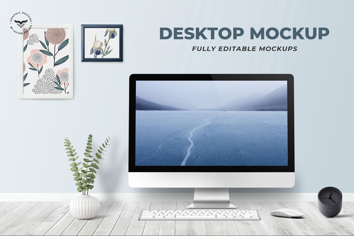 办公桌场景一体机电脑屏幕预览效果图蚂蚁素材精选样机 Desktop On Table Mockup插图(1)