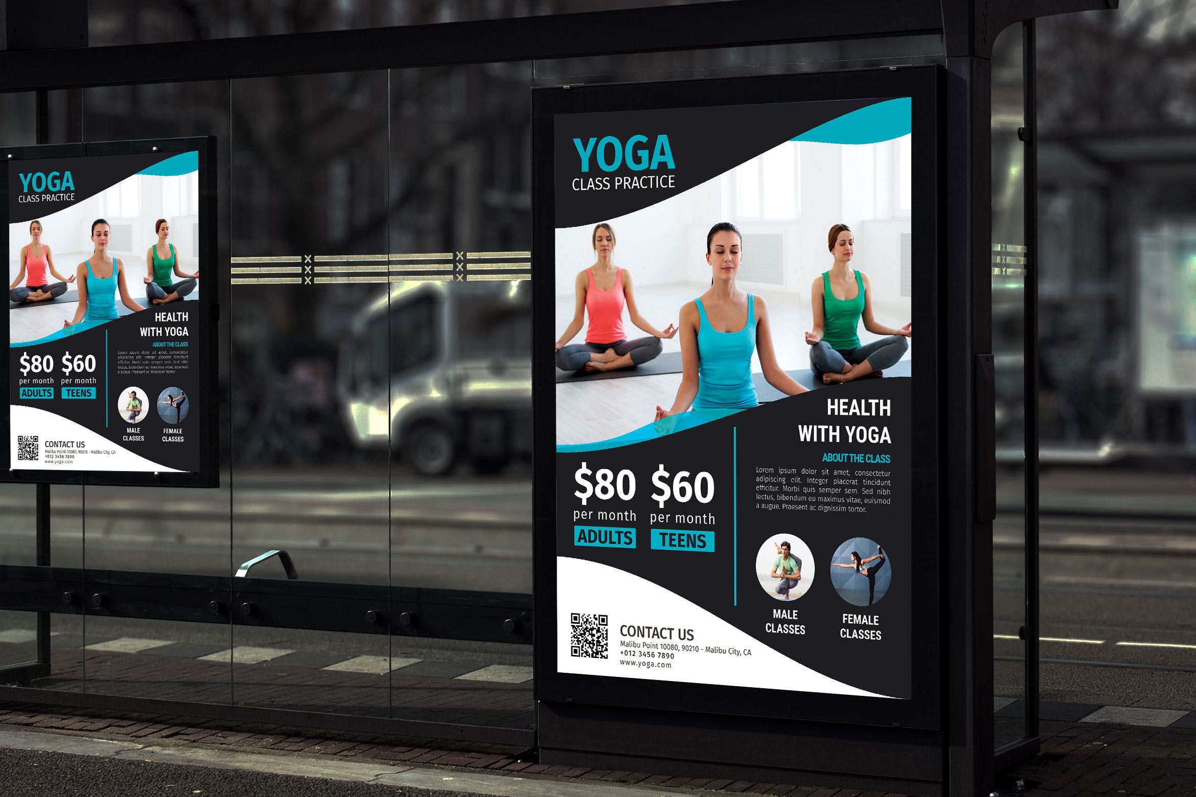 瑜伽俱乐部公交站台海报排版设计模板 Yoga – Promotion Poster RB插图
