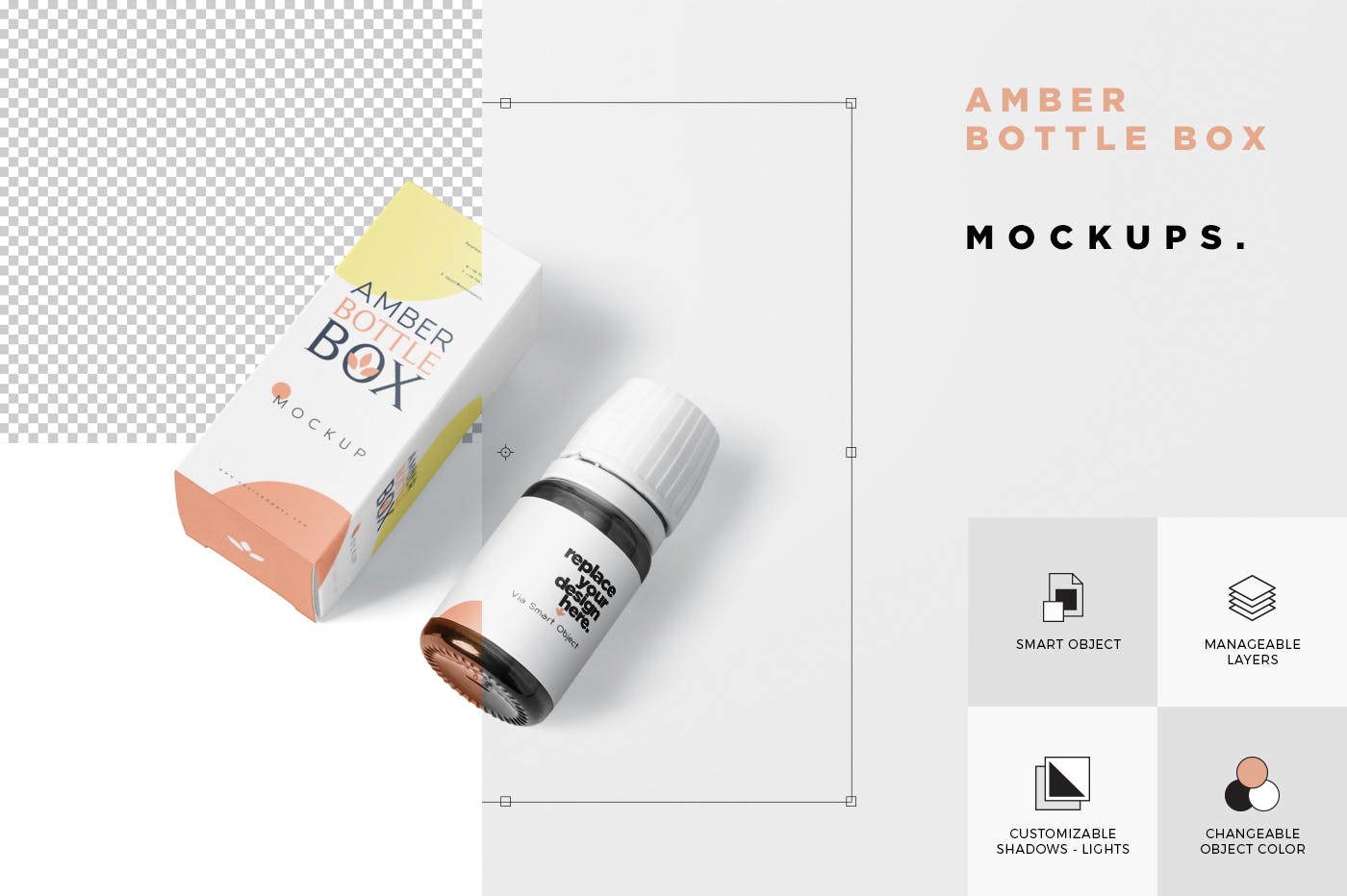 药物瓶&包装纸盒设计图蚂蚁素材精选模板 Amber Bottle Box Mockup Set插图(6)