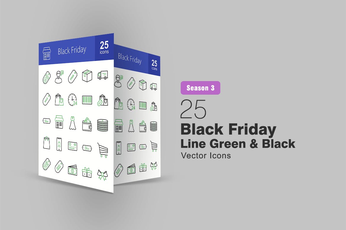 25枚黑色星期五主题绿黑色矢量线性第一素材精选图标 25 Black Friday Line Green & Black Icons插图