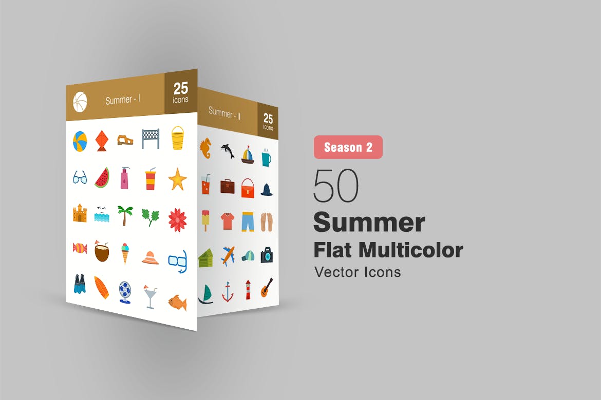 50枚夏天主题扁平化多彩矢量第一素材精选图标 II 50 Summer Flat Multicolor Icons Season II插图