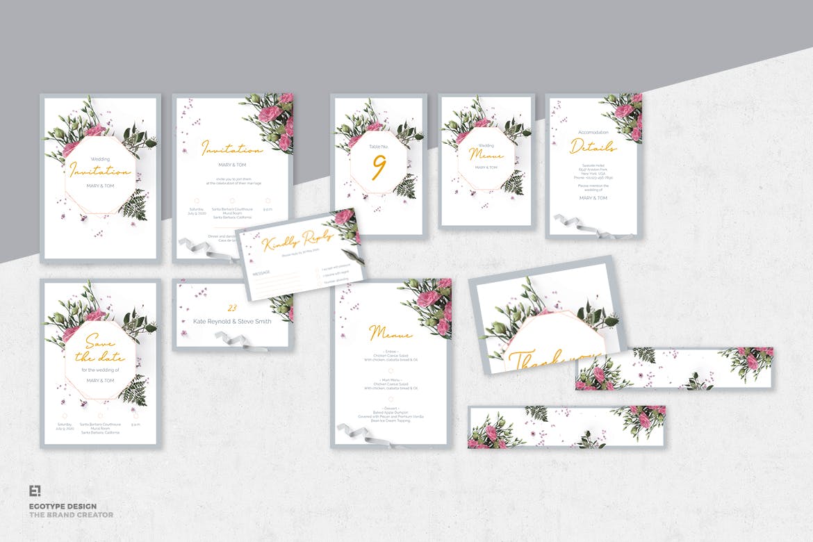 花卉装饰艺术风格婚礼邀请设计套件 Wedding Invitation Set插图(8)