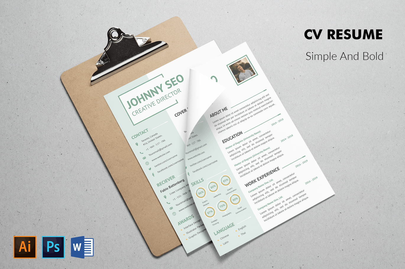 标准式两页排版风格电子大洋岛精选简历模板 CV Resume Simple And Modern插图