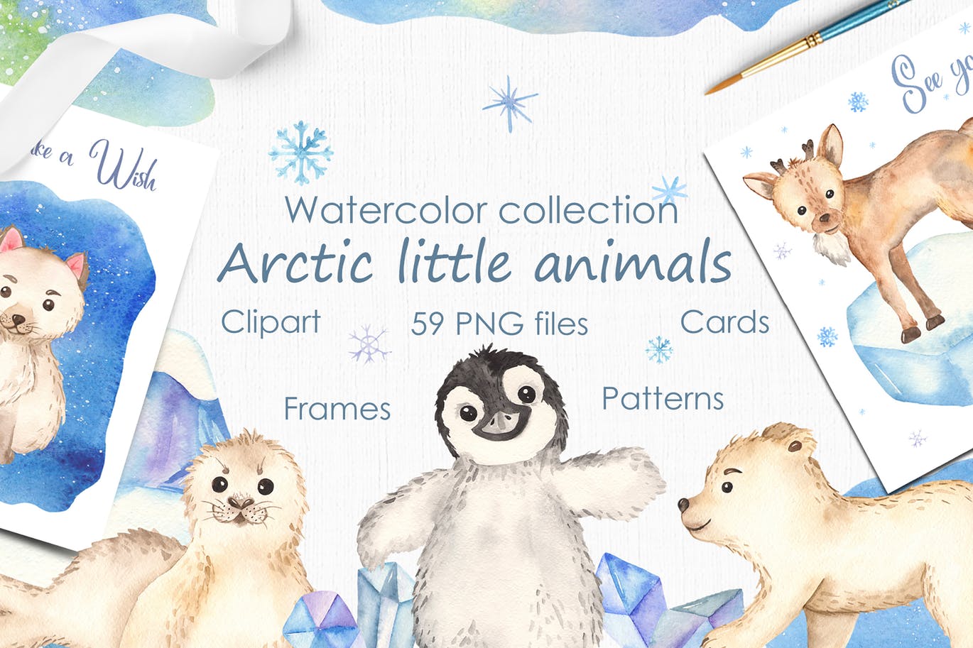 北极小动物水彩手绘剪贴画＆卡片素材 Watercolor Arctic little animals Clipart cards插图