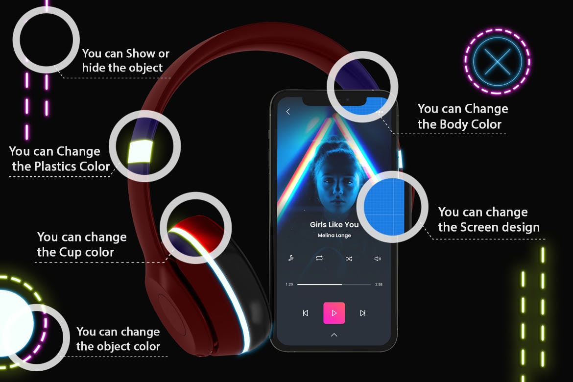 霓虹灯设计风格iPhone手机音乐APP应用UI设计图蚂蚁素材精选样机 Neon iPhone Music App Mockup插图(1)