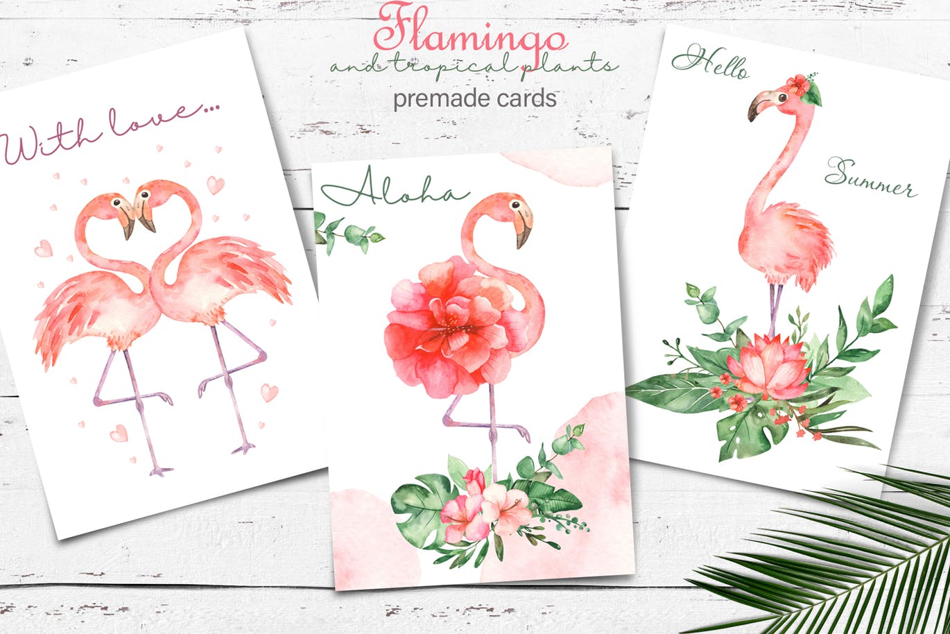 火烈鸟＆热带植物水彩插画素材 Watercolor flamingos and tropical plants插图(10)