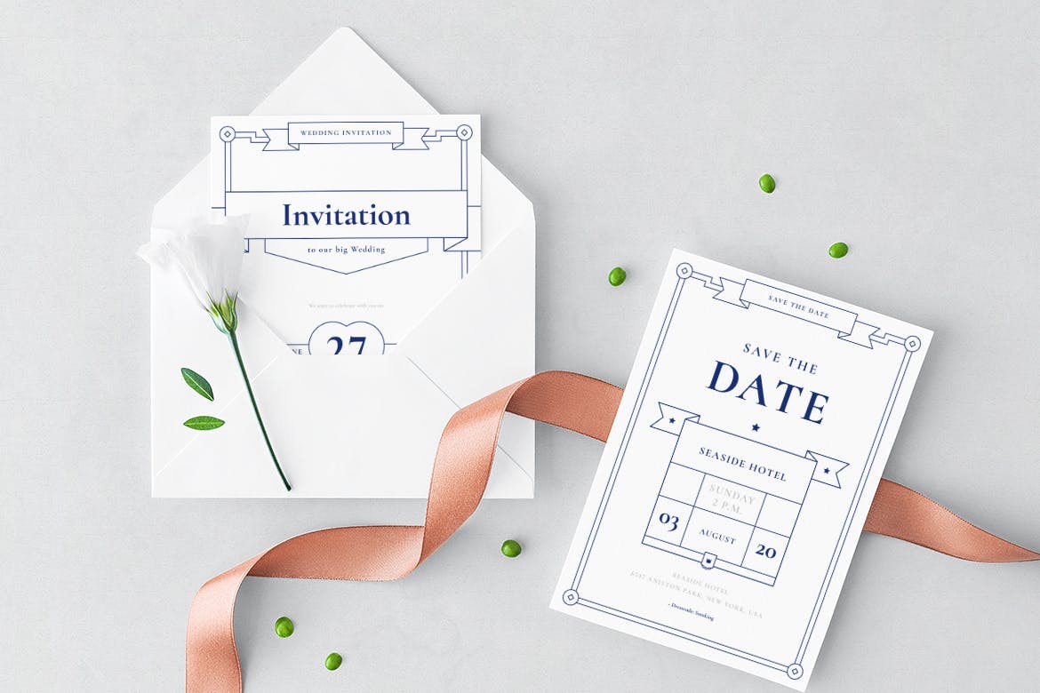 蓝色简约线条艺术风格婚礼邀请函设计套装 Wedding Invitation Suite插图(9)