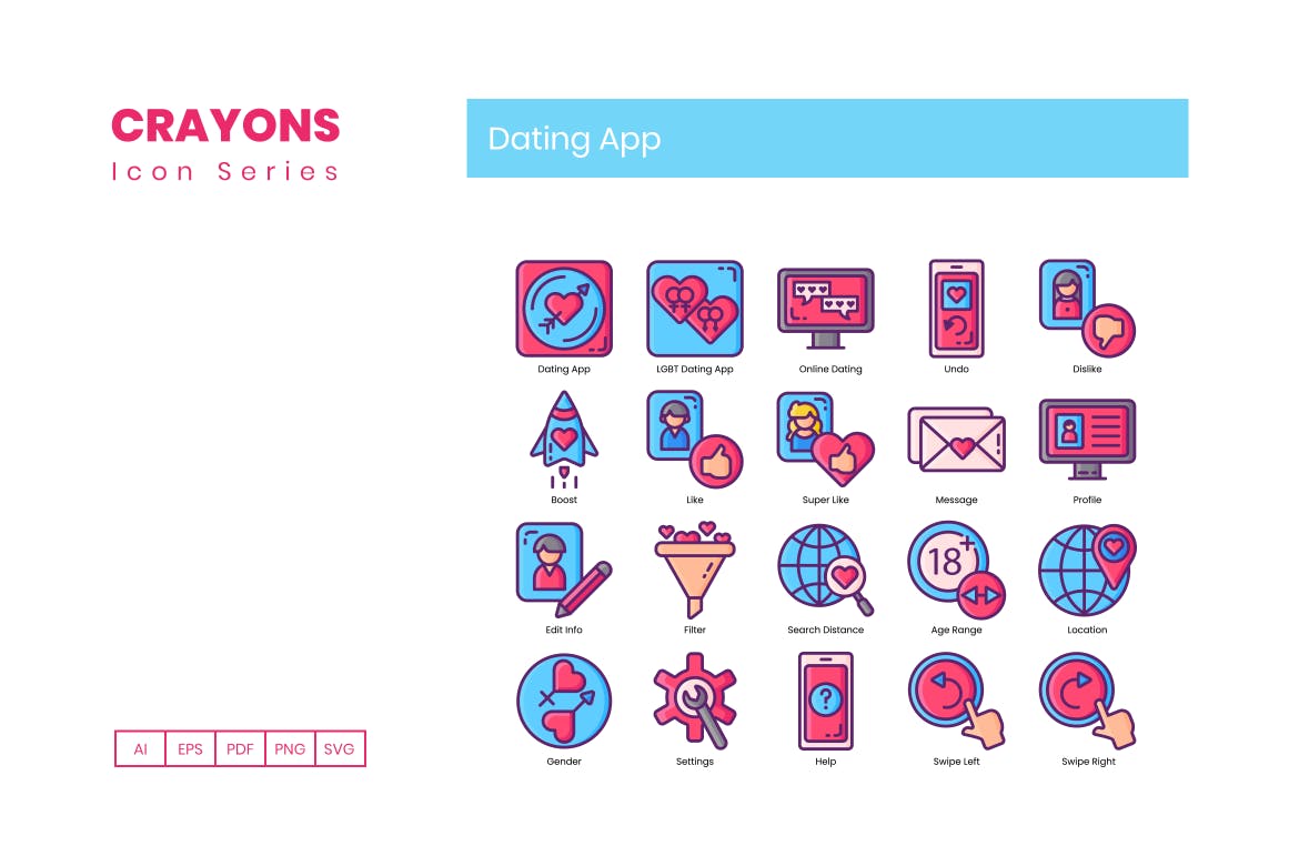60枚约会主题APP矢量蚂蚁素材精选图标-蜡笔系列 60 Dating App Icons – Crayon Series插图(1)