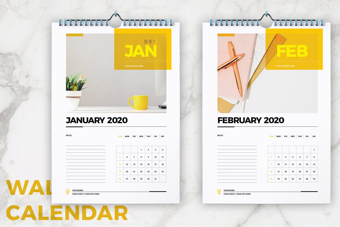2020年挂墙活页翻页日历表设计模板 Wall Calendar 2020 Layout插图2