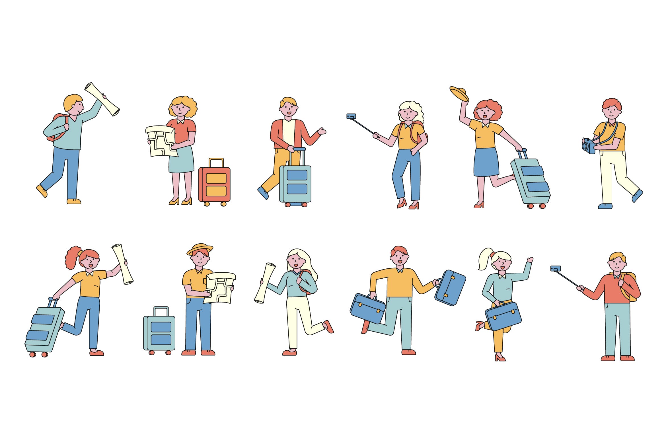 旅行人物形象线条艺术矢量插画第一素材精选素材 Tourists Lineart People Character Collection插图