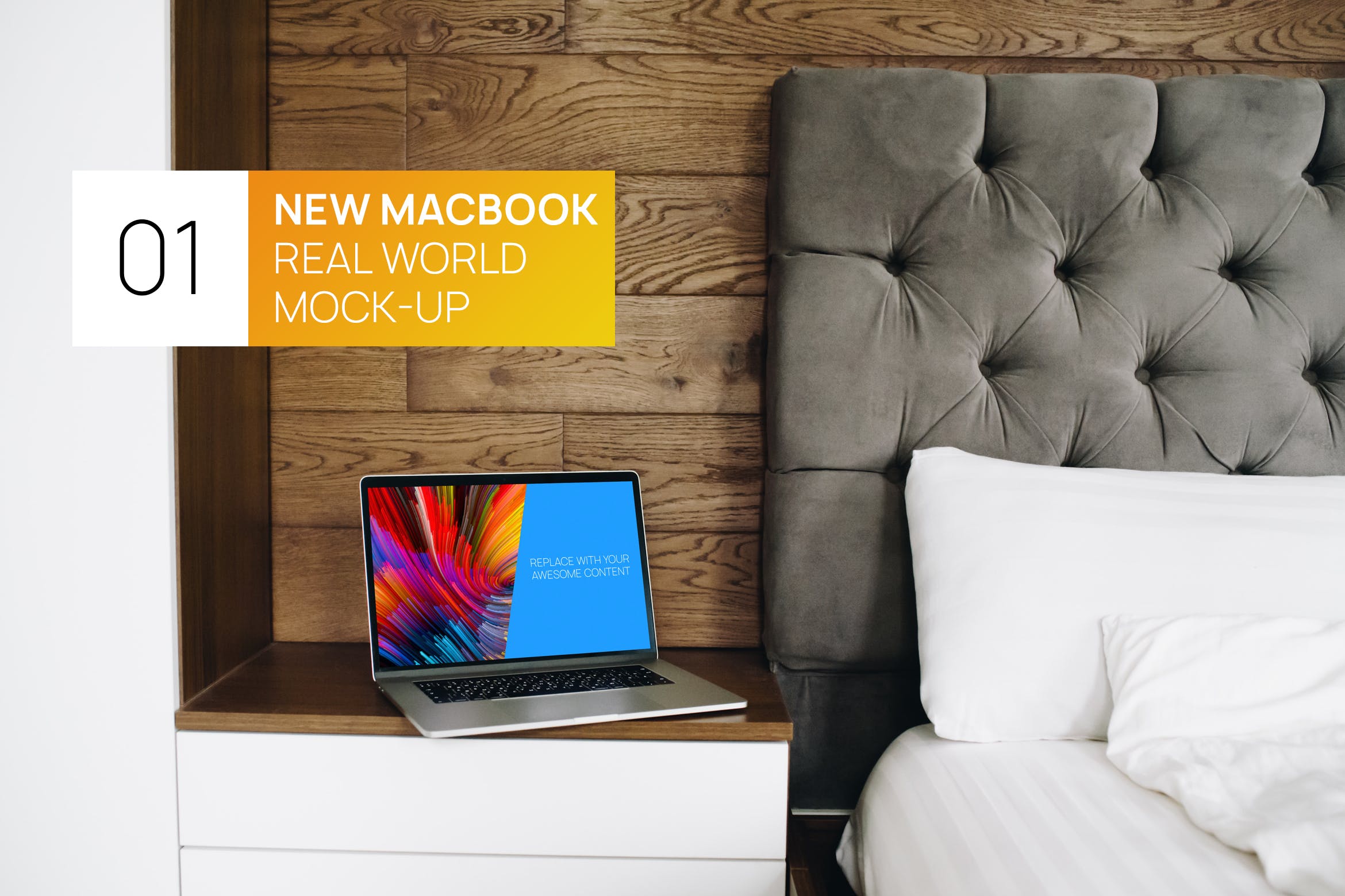 卧室场景MacBook Pro笔记本电脑屏幕演示蚂蚁素材精选样机 Interior MacBook Pro Touchbar Real World Mock-up插图