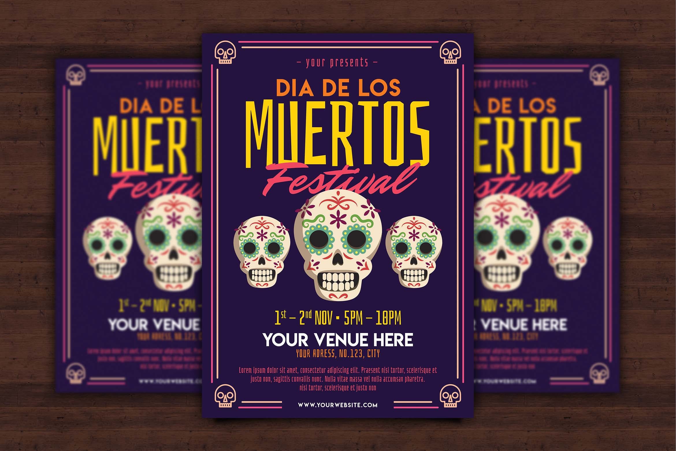 墨西哥亡灵节庆祝活动海报传单蚂蚁素材精选PSD模板 Dia de los Muertos Flyer插图