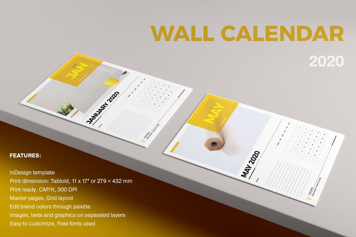 2020年挂墙活页翻页日历表设计模板 Wall Calendar 2020 Layout插图