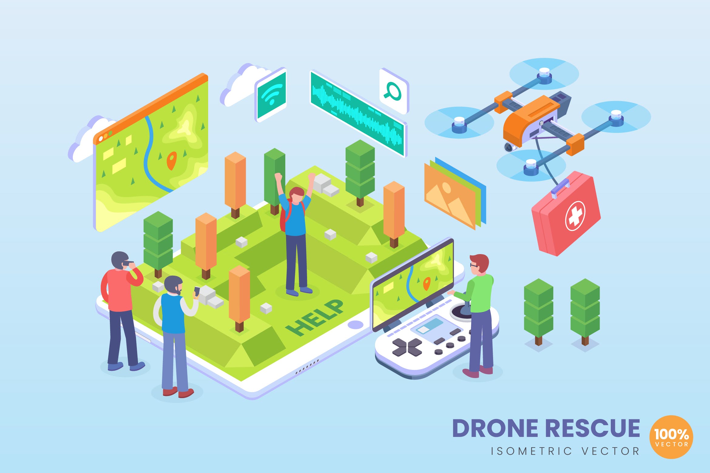 无人机救援主题等距矢量科技第一素材精选概念插画 Isometric Drone Rescue Vector Concept插图