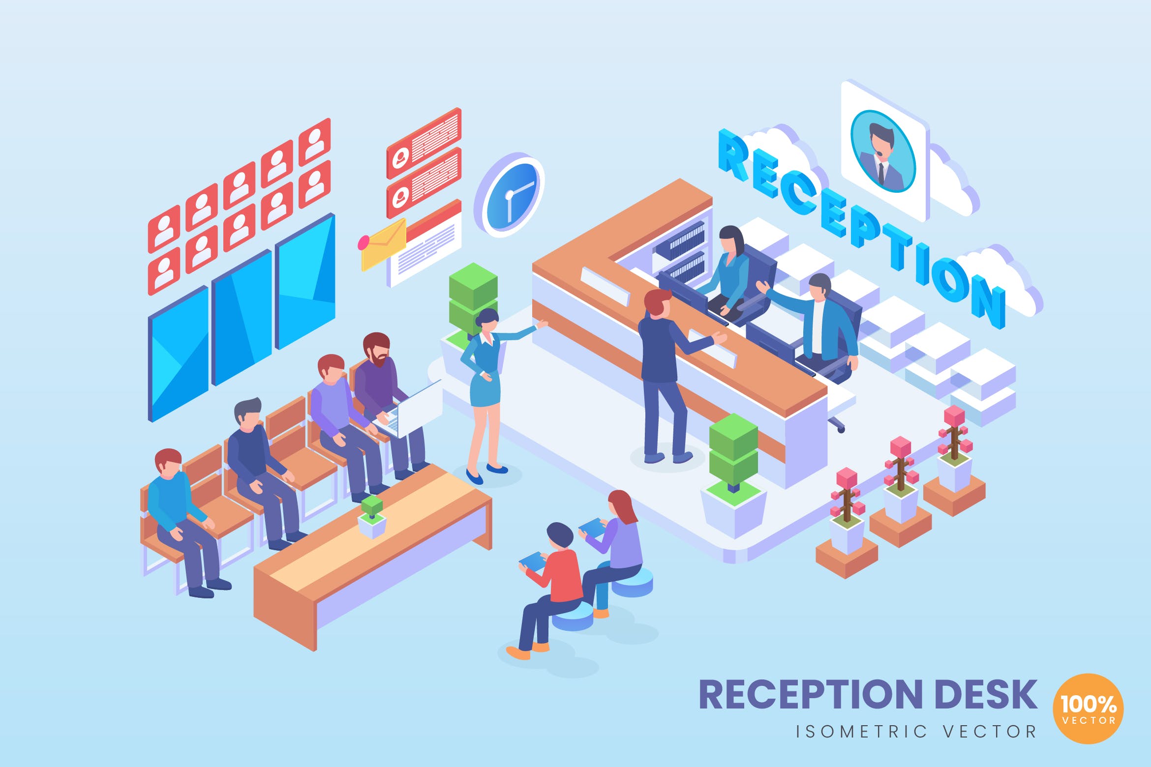 客户服务中心场景2.5D等距概念矢量插画第一素材精选 Isometric Reception Desk Vector Concept插图