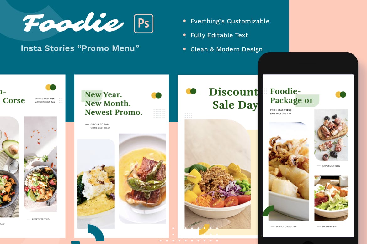 美食餐厅促销产品菜单贴图设计模板 Foodie Stories – Promo Menu插图1