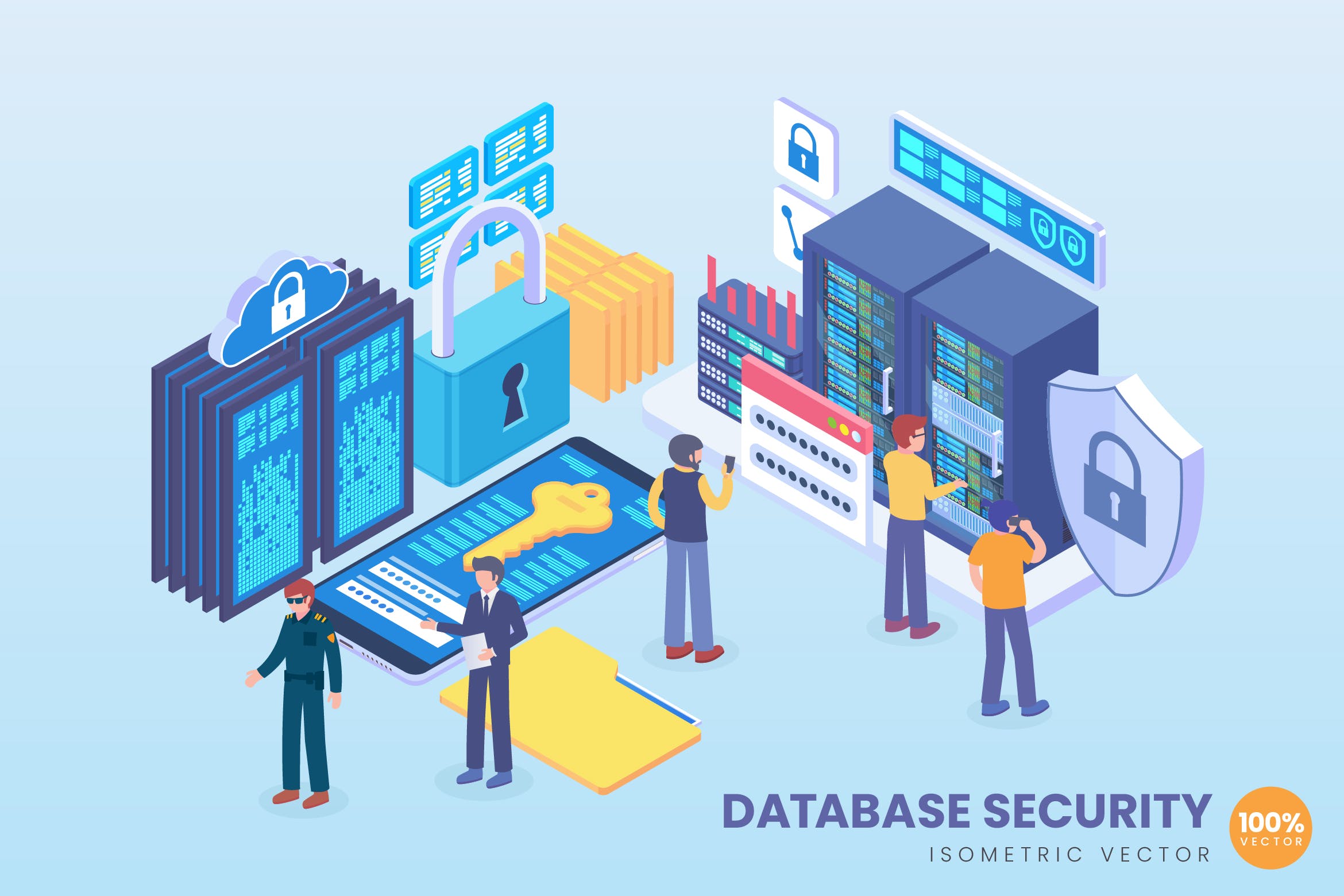 数据库安全等距矢量第一素材精选概念插画v1 Isometric Database Security Vector Concept插图