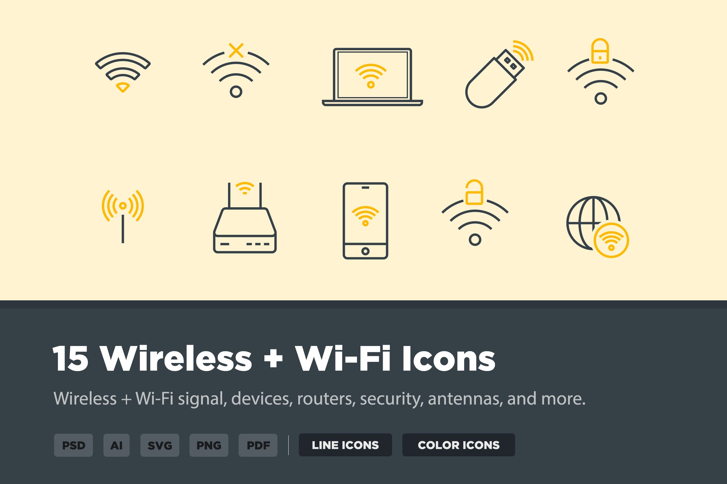 15枚无线网络&WIFI主题矢量第一素材精选图标 15 Wireless & Wi-Fi Icons插图