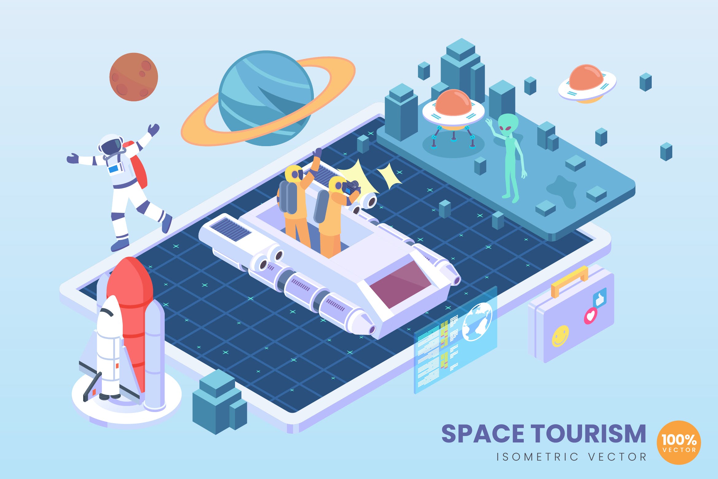 太空旅行主题等距矢量第一素材精选科技概念插画 Isometric Space Tourism Vector Concept插图